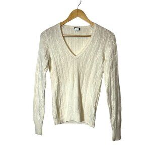 J.Crew Ivory Cable Knit Cashmere Merino Wool Angora V-Neck Sweater Small WOMENS